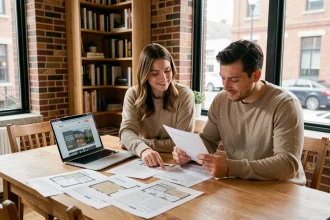 Un couple examine des documents immobiliers et des plans de logement à une table en bois lors de la préparation de leur premier achat immobilier