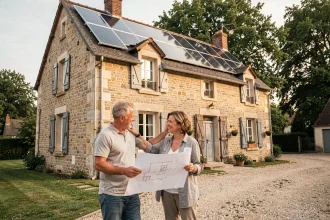 Un couple de propriétaires examine les plans de rénovation énergétique devant leur maison avec des panneaux solaires en cours d'installation