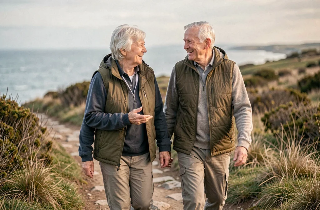Couple de personnes âgées marchant ensemble sur un sentier côtier, représentant les bénéfices de la marche régulière sur la santé du cœur et la prévention cardiovasculaire
