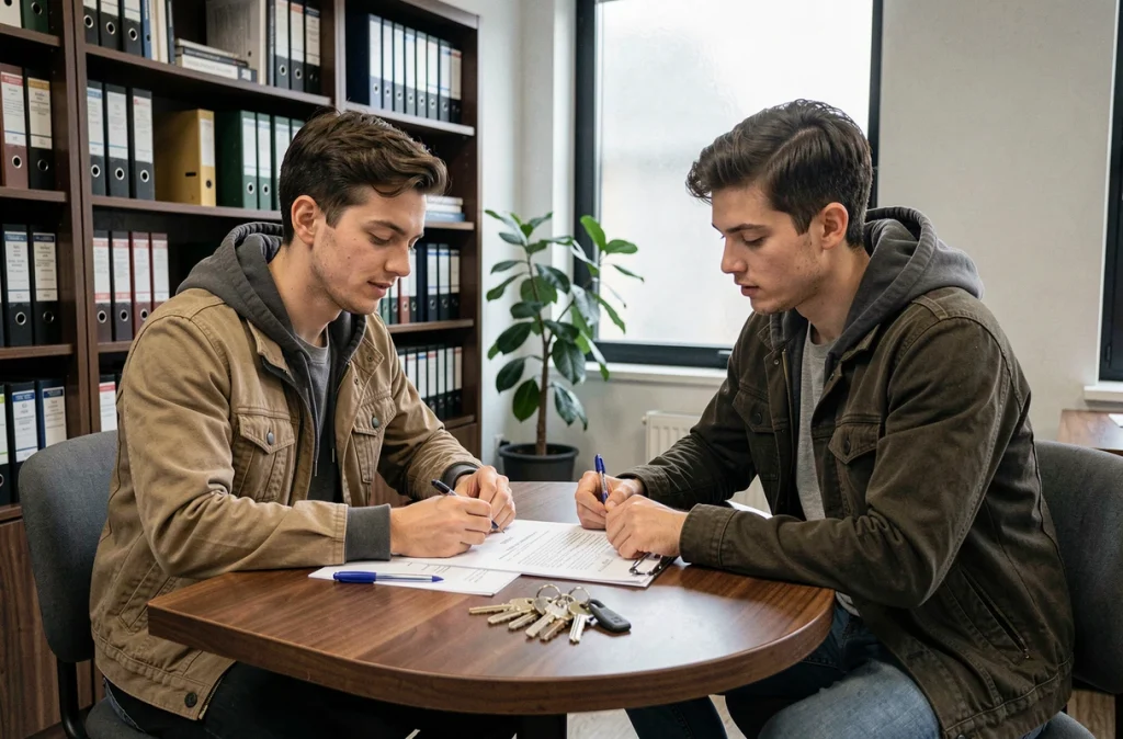 Jeune couple signant un acte de vente chez le notaire pour l'achat d'un logement ancien avec clés et documents sur la table
