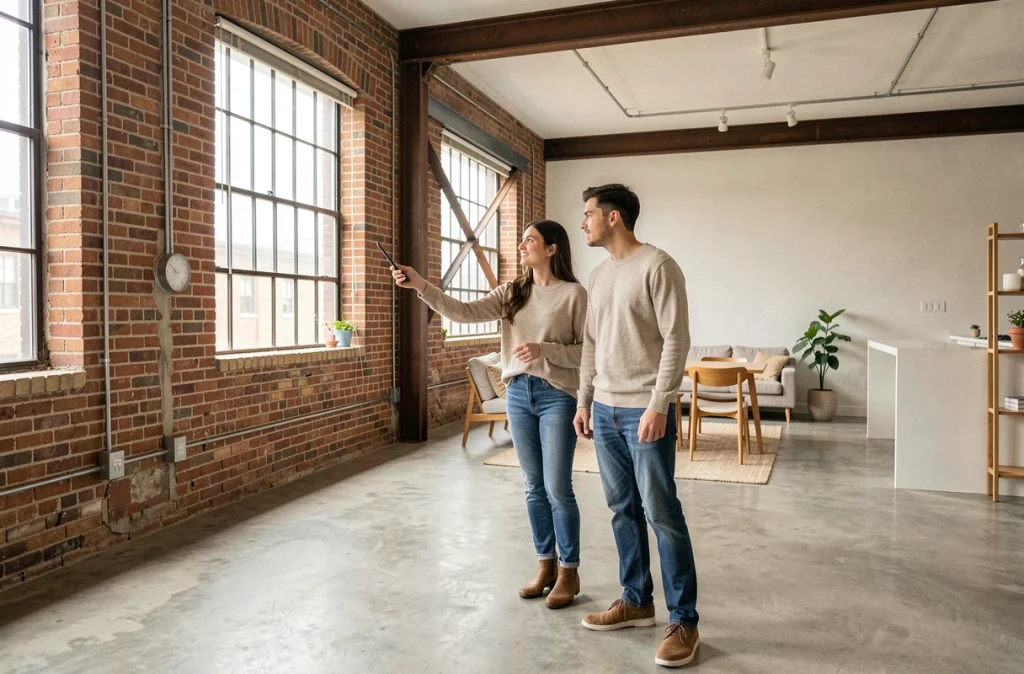 Jeune couple visitant un loft industriel rénové avec briques apparentes et fenêtres d'usine dans un quartier en mutation