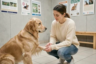 Femme adoptant un chien dans un refuge animalier, évaluant son comportement avant adoption