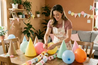 Maman organisant une décoration d'anniversaire colorée sur une table en bois à la maison