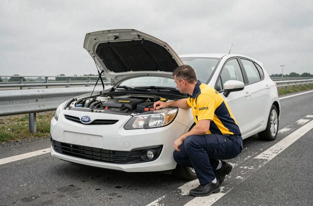 Technicien de dépannage inspectant le moteur d'une voiture en panne sur le bord d'une autoroute