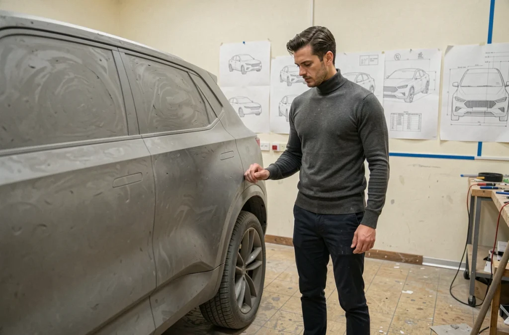 Designer automobile masculin examinant un modèle en argile grandeur nature d'un SUV concept dans un atelier de design, évoquant le processus créatif moderne