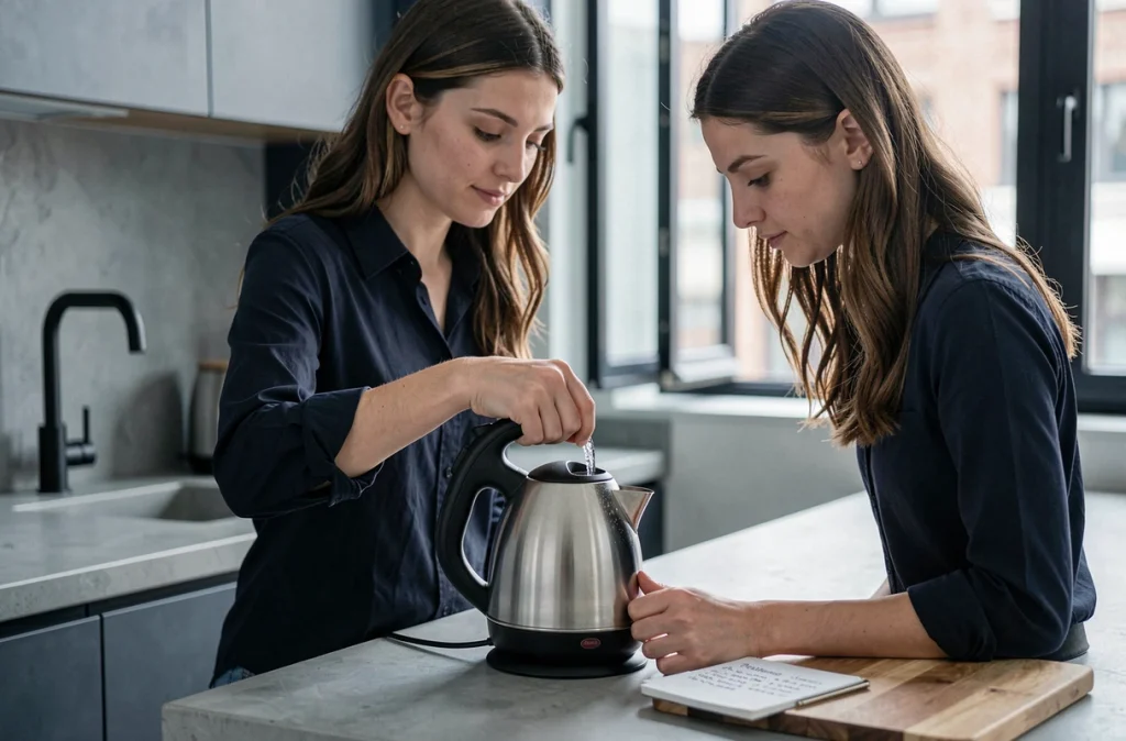 Femme détartrant une bouilloire électrique avec du vinaigre pour prolonger son usage