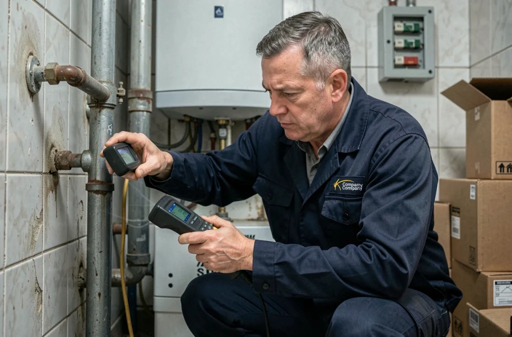 Technicien réalisant un diagnostic gaz et performance énergétique sur une chaudière ancienne avant la vente d'un bien immobilier