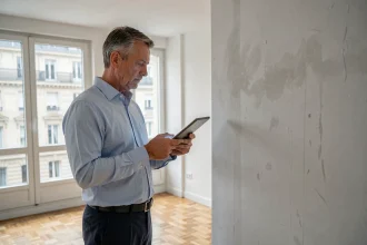 Diagnostiqueur immobilier professionnel examinant les murs d'un appartement vide avant une vente avec une tablette numérique