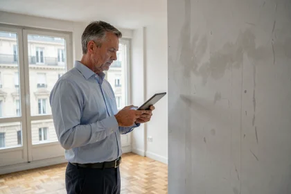 Diagnostiqueur immobilier professionnel examinant les murs d'un appartement vide avant une vente avec une tablette numérique