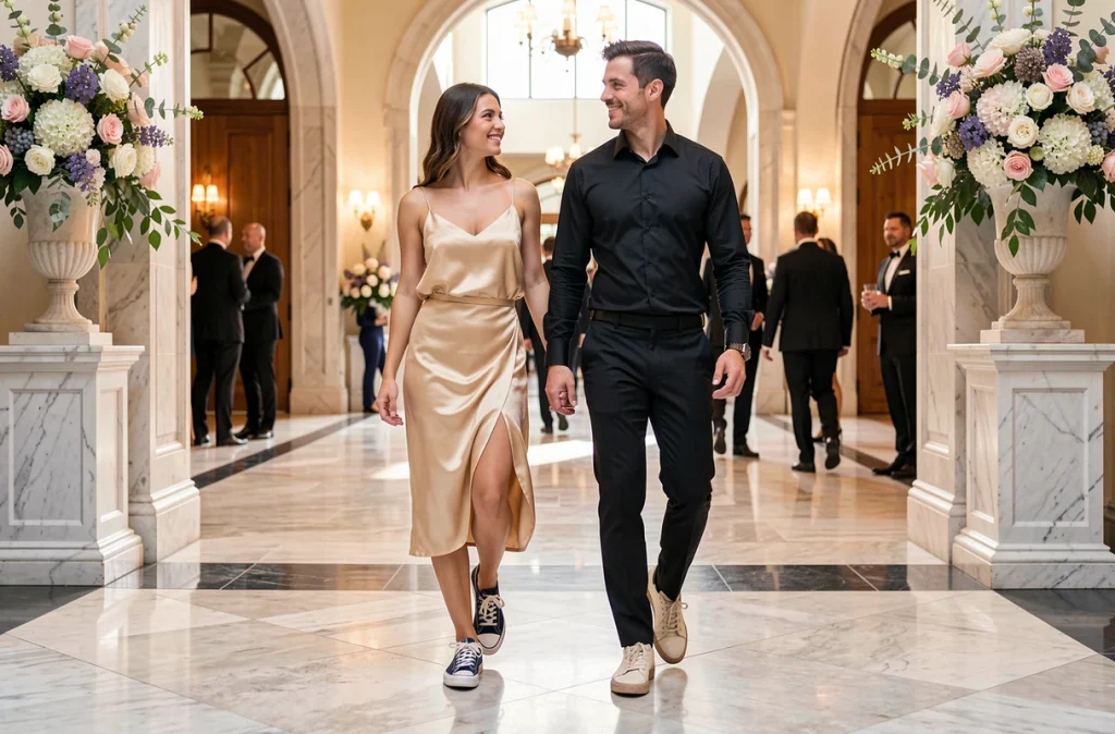 Deux amis en tenue de soirée élégante avec des baskets rétro dans le hall d'un lieu événementiel luxueux
