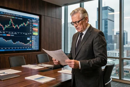 Économiste senior analysant l'impact des crypto-monnaies sur les politiques monétaires des banques centrales dans une salle de conférence institutionnelle