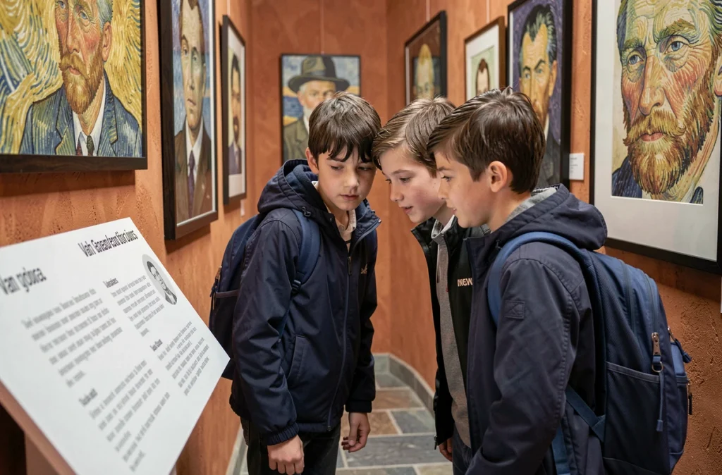 Deux élèves du primaire observant attentivement un panneau explicatif lors de l'exposition Van Gogh à Lyon