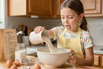Jeune fille versant de la farine dans un saladier en céramique lors d'un atelier cuisine à la maison