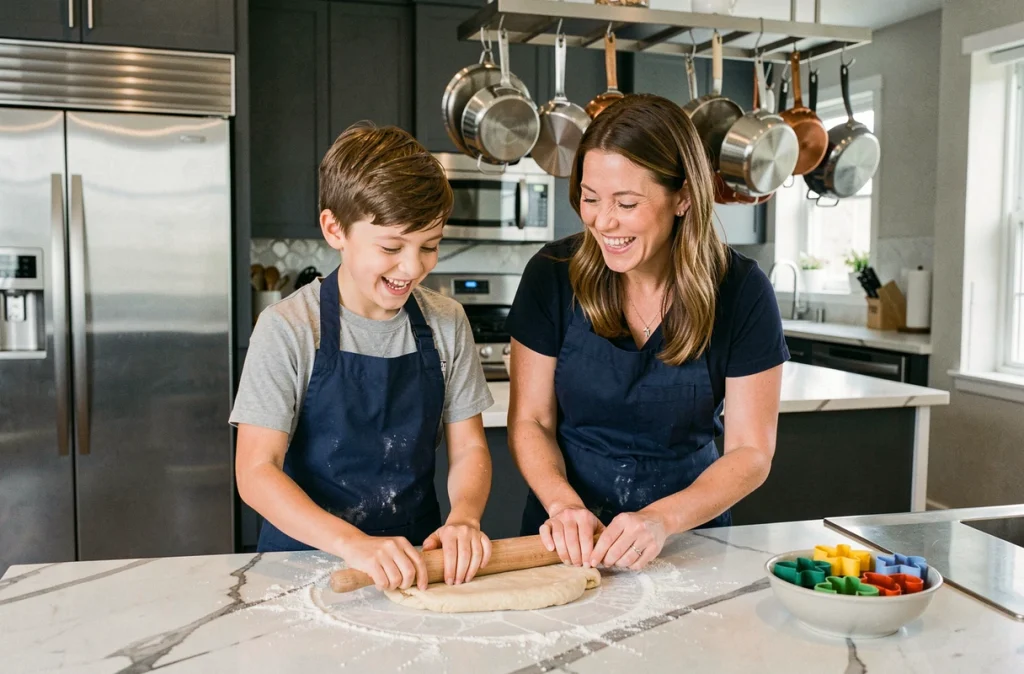 Garçon et sa mère en tablier roulant de la pâte à biscuits ensemble dans une cuisine moderne