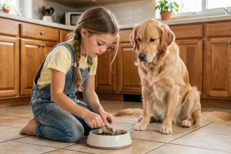 Jeune fille nourrissant son chien golden retriever dans une cuisine familiale, illustration de la responsabilité enfantine envers les animaux domestiques