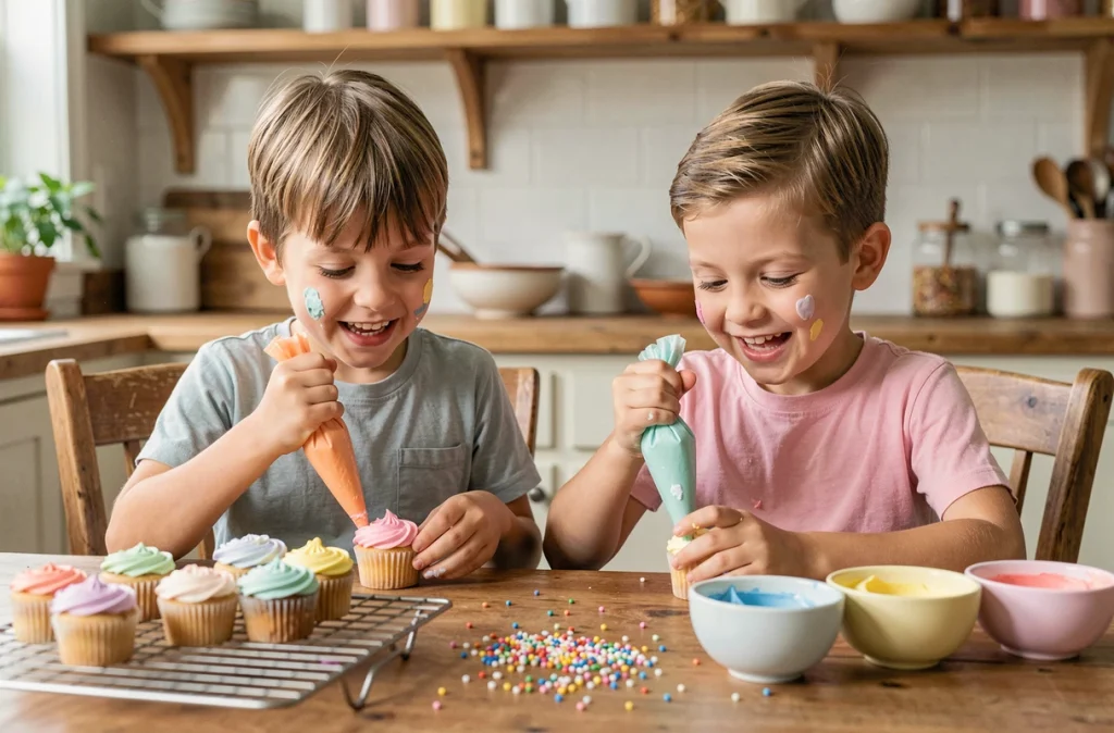 Deux enfants décorant des cupcakes avec du glaçage coloré sur une table en bois rustique