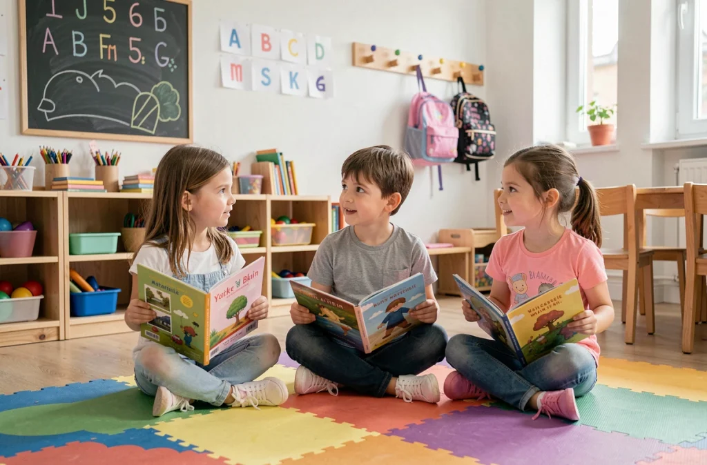 Groupe d'enfants en maternelle assis sur un tapis coloré en train de découvrir des livres illustrés en classe