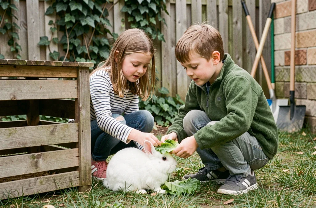 Deux enfants nourrissant ensemble leur lapin nain dans un jardin, illustrant le partage des responsabilités familiales liées aux animaux domestiques