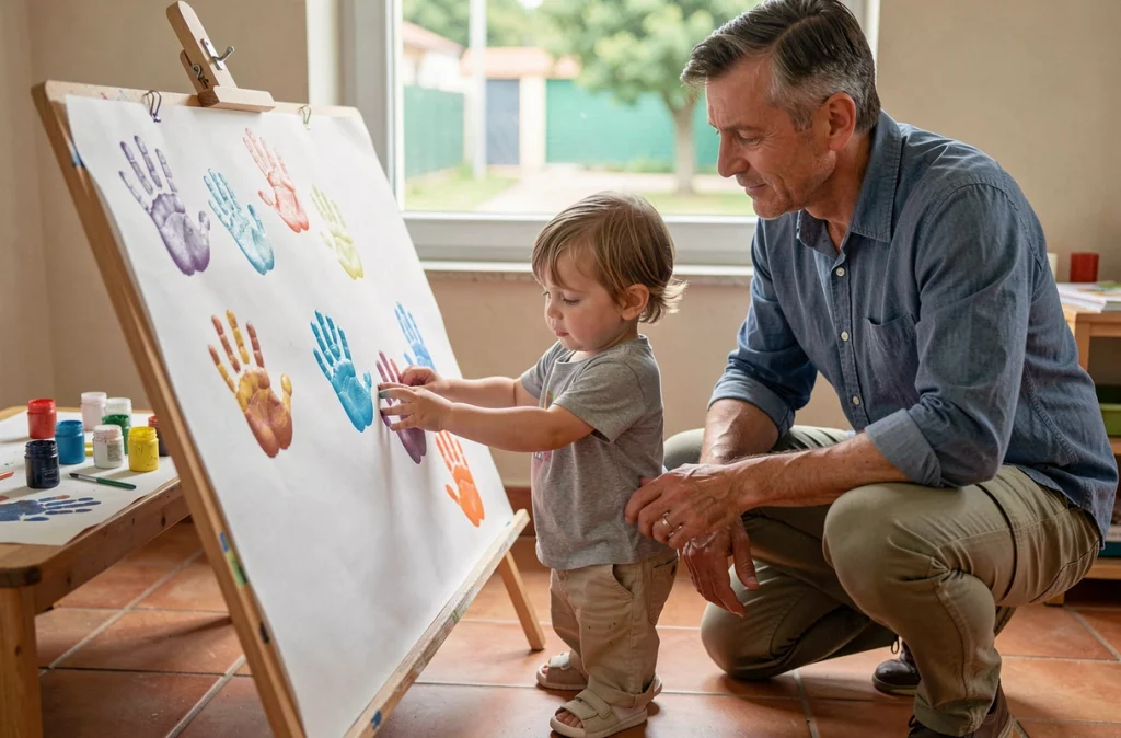 Enseignant de maternelle guidant un enfant lors d'une activité peinture pendant la rentrée scolaire