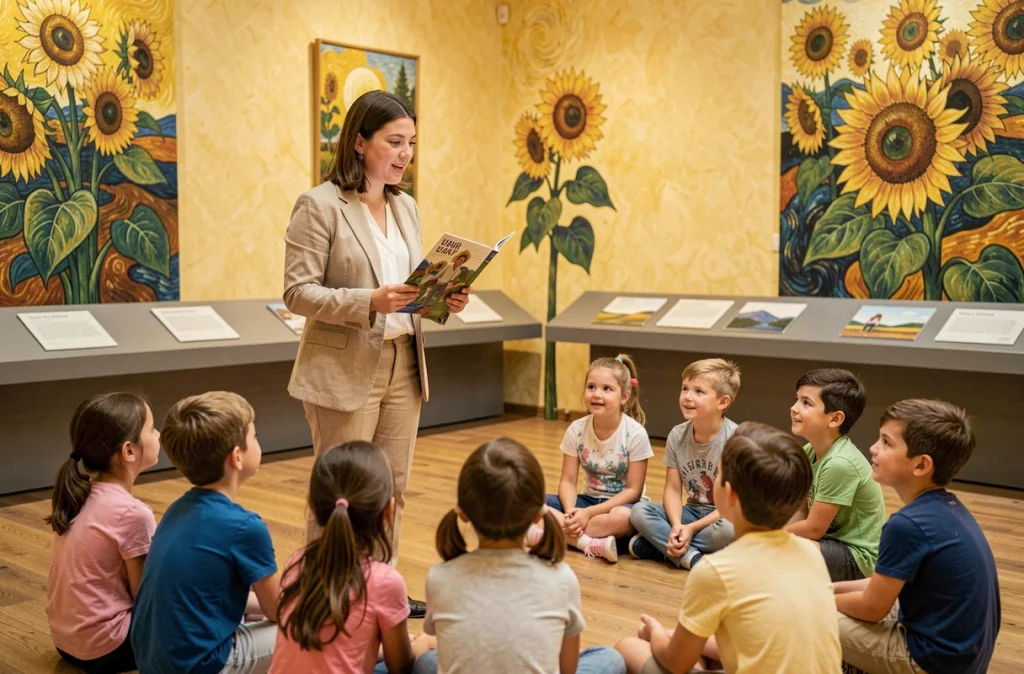 Enseignante animant un atelier pédagogique avec des élèves lors de l'exposition Van Gogh à Lyon