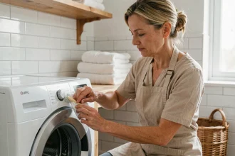 Femme entretenant le joint d'un lave-linge pour prolonger sa durée de vie