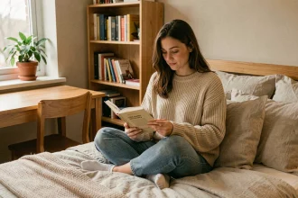 Étudiante lisant dans un appartement meublé confortable avec bureau et étagères