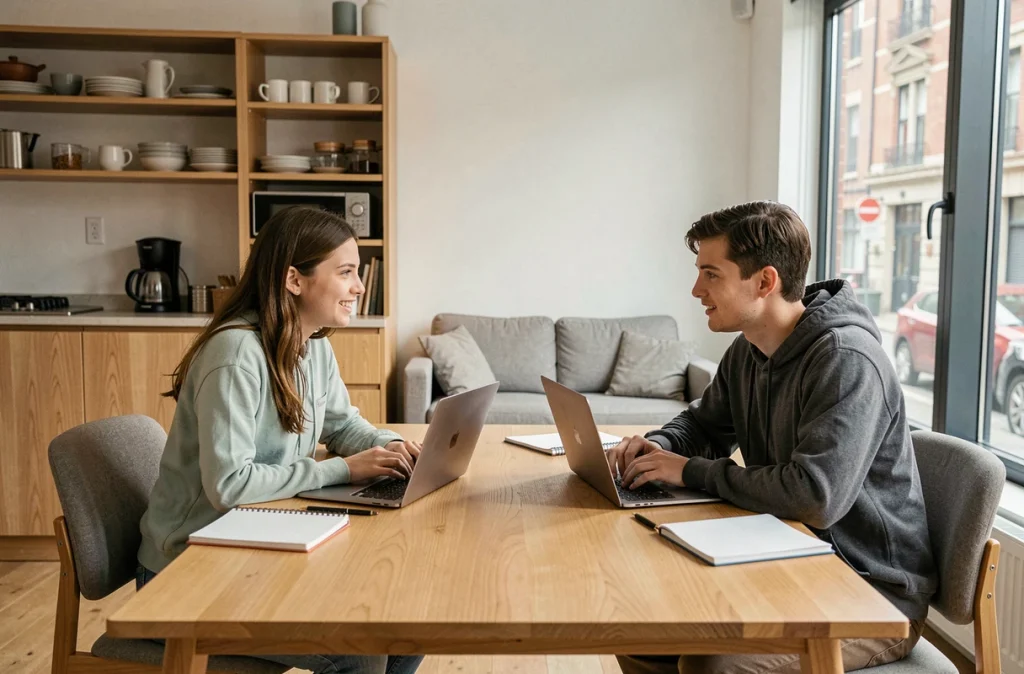 Deux étudiants travaillant ensemble dans un appartement meublé en colocation