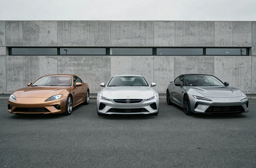 Trois générations de coupés sportifs alignés côte à côte, illustrant l'évolution progressive du design automobile sur dix ans de 2014 à 2024