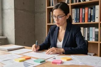 Femme experte en déduction sémantique analysant des documents annotés dans un bureau moderne
