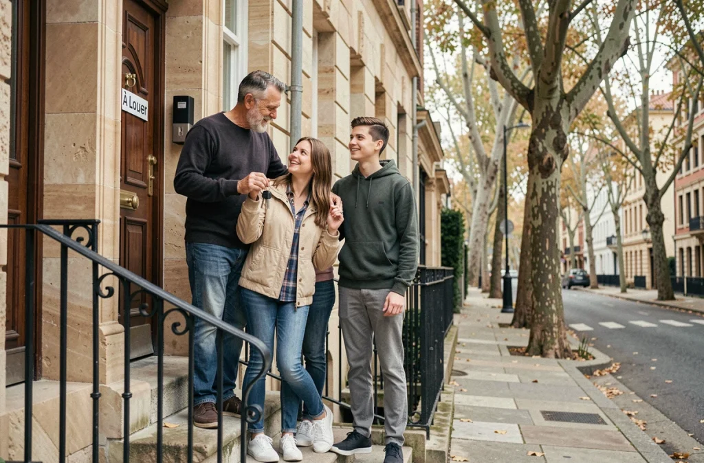 Famille devant un immeuble locatif en pierre avec panneau à louer dans une rue urbaine arborée en automne