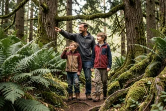 Famille explorant un sentier forestier avec des enfants curieux parmi les fougères et les racines d'arbres moussus