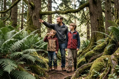 Famille explorant un sentier forestier avec des enfants curieux parmi les fougères et les racines d'arbres moussus