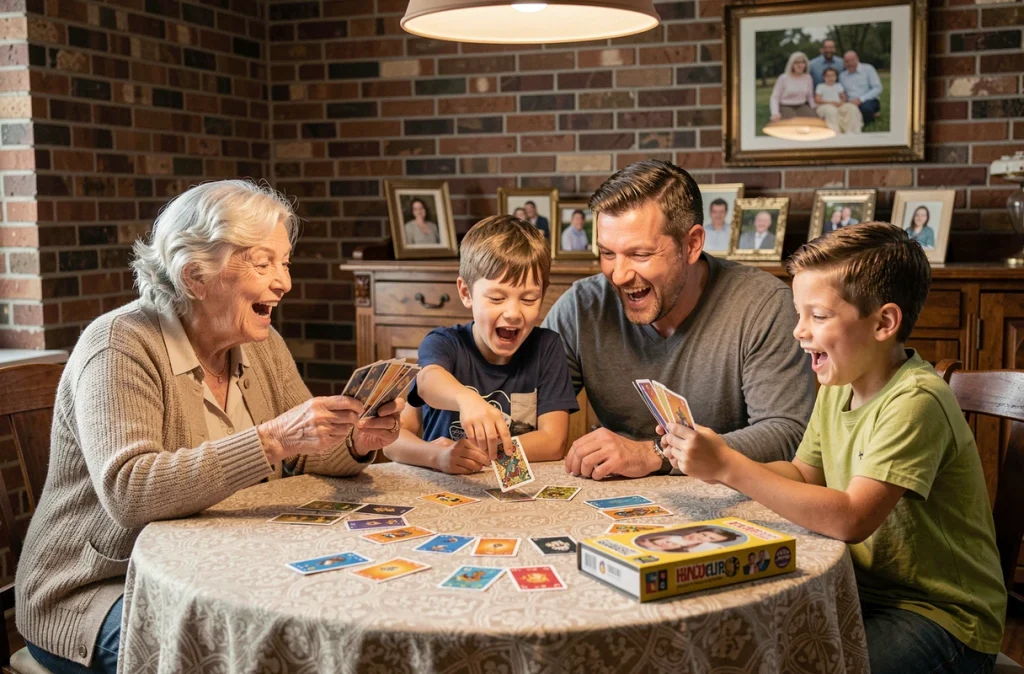 Famille multigénérationnelle jouant aux cartes ensemble autour d'une table dans une salle à manger conviviale