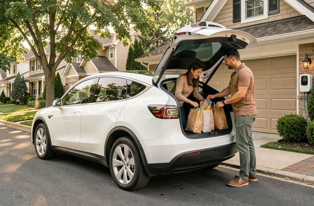 Famille chargeant des courses dans un SUV électrique blanc devant leur maison avec borne de recharge domestique