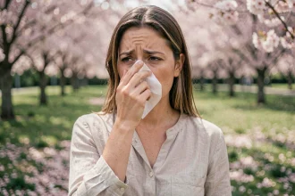 Femme souffrant d'allergie saisonnière dans un parc fleuri au printemps, se mouchant avec une expression fatiguée
