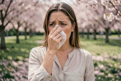 Femme souffrant d'allergie saisonnière dans un parc fleuri au printemps, se mouchant avec une expression fatiguée