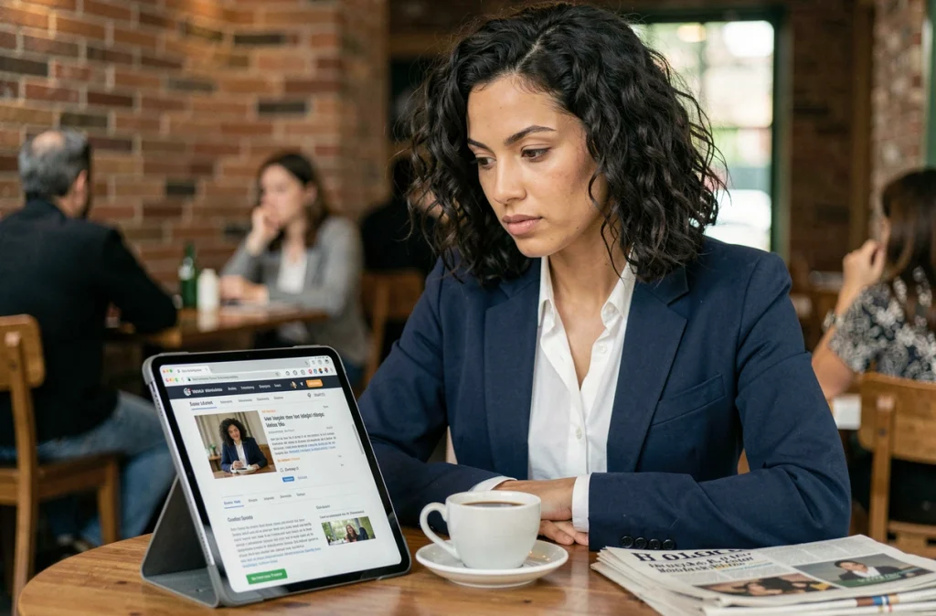 Femme analysant un blog d'actualité alternative sur une tablette dans un café avec journaux et café sur la table