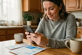 Femme consultant une application de gestion budgétaire familiale sur son smartphone dans sa cuisine