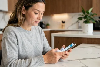 Femme consultant une application de crédit à la consommation sur smartphone dans une cuisine moderne