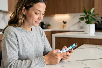 Femme consultant une application de crédit à la consommation sur smartphone dans une cuisine moderne