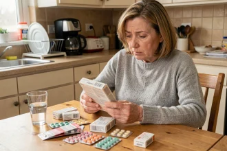 Femme d'âge mûr examinant des boîtes de médicaments antalgiques sur une table de cuisine, illustration des risques de l'automédication