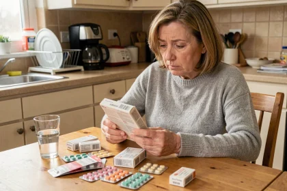 Femme d'âge mûr examinant des boîtes de médicaments antalgiques sur une table de cuisine, illustration des risques de l'automédication