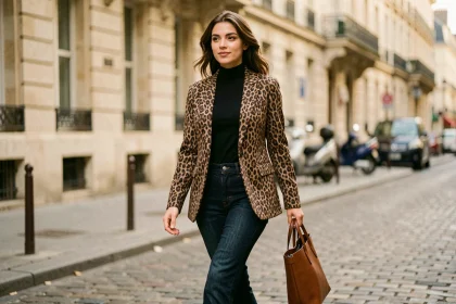 Femme portant un blazer imprimé léopard dans une rue parisienne, tendance mode urbaine animalière automne-hiver