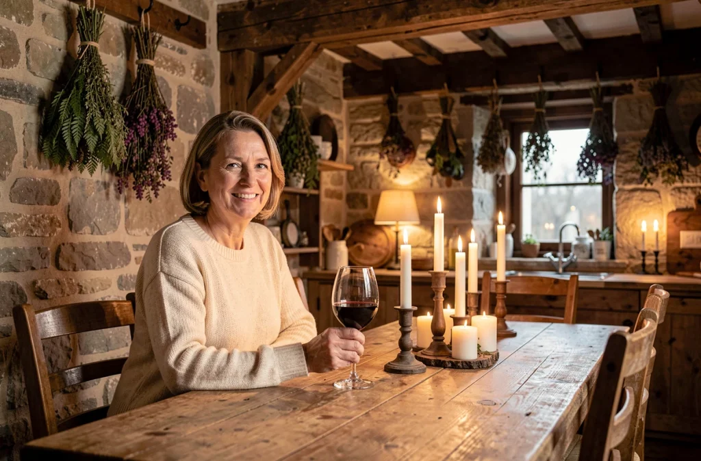 Femme souriante attablée dans une cuisine rustique chaleureuse avec bougies et ambiance tamisée