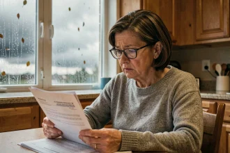Femme examinant des documents d'assurance habitation face à une fenêtre sous la pluie, symbolisant les nouveaux risques climatiques