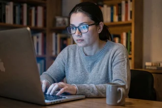 Femme regardant un écran d'ordinateur émettant de la lumière bleue le soir, illustrant les effets sur la santé oculaire