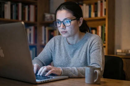 Femme regardant un écran d'ordinateur émettant de la lumière bleue le soir, illustrant les effets sur la santé oculaire