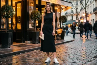 Femme élégante en robe midi noire portant des baskets rétro blanches devant une brasserie parisienne le soir