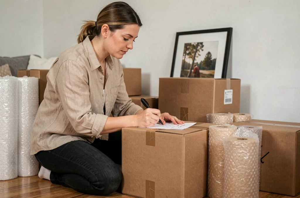 Femme organisant et étiquetant des cartons de déménagement dans un salon en cours de vidage