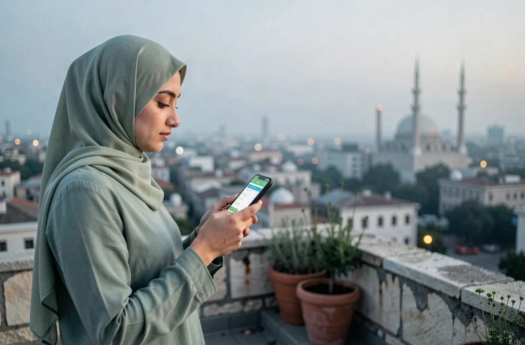 Jeune femme voilée consultant les horaires de jeûne régionaux sur smartphone depuis une terrasse urbaine à l'aube
